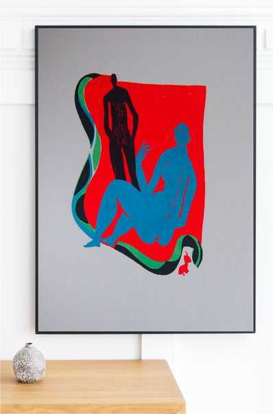 Red & Blue Lovers - Original Woodcut