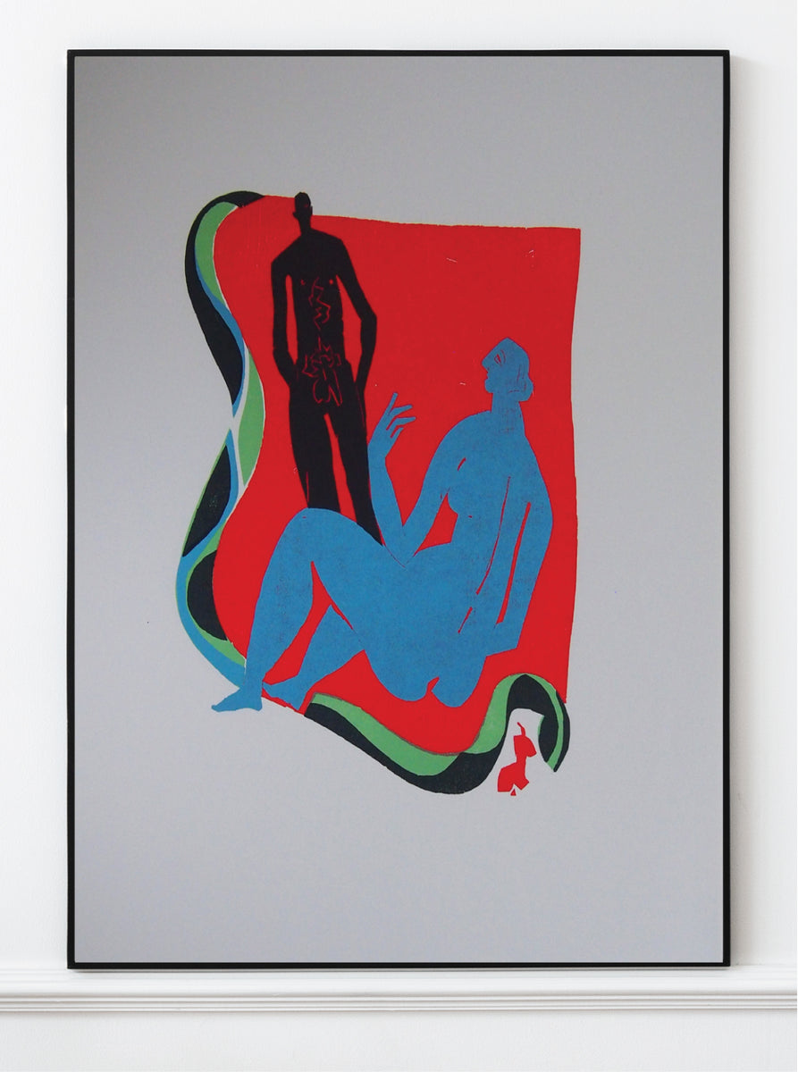 Red & Blue Lovers - Original Woodcut