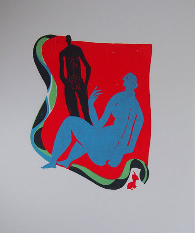 Red & Blue Lovers - Original Woodcut